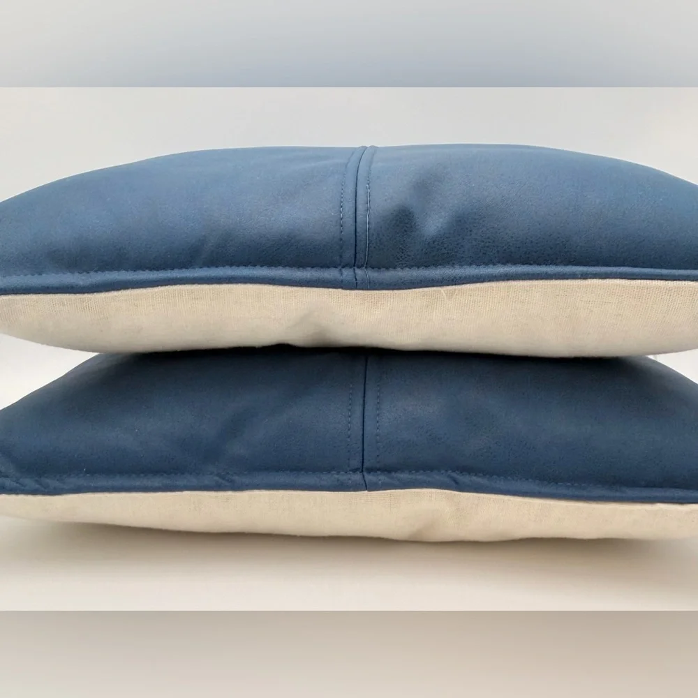 Set of 2 Blue Faux Leather Throw Pillow 16” X 16”